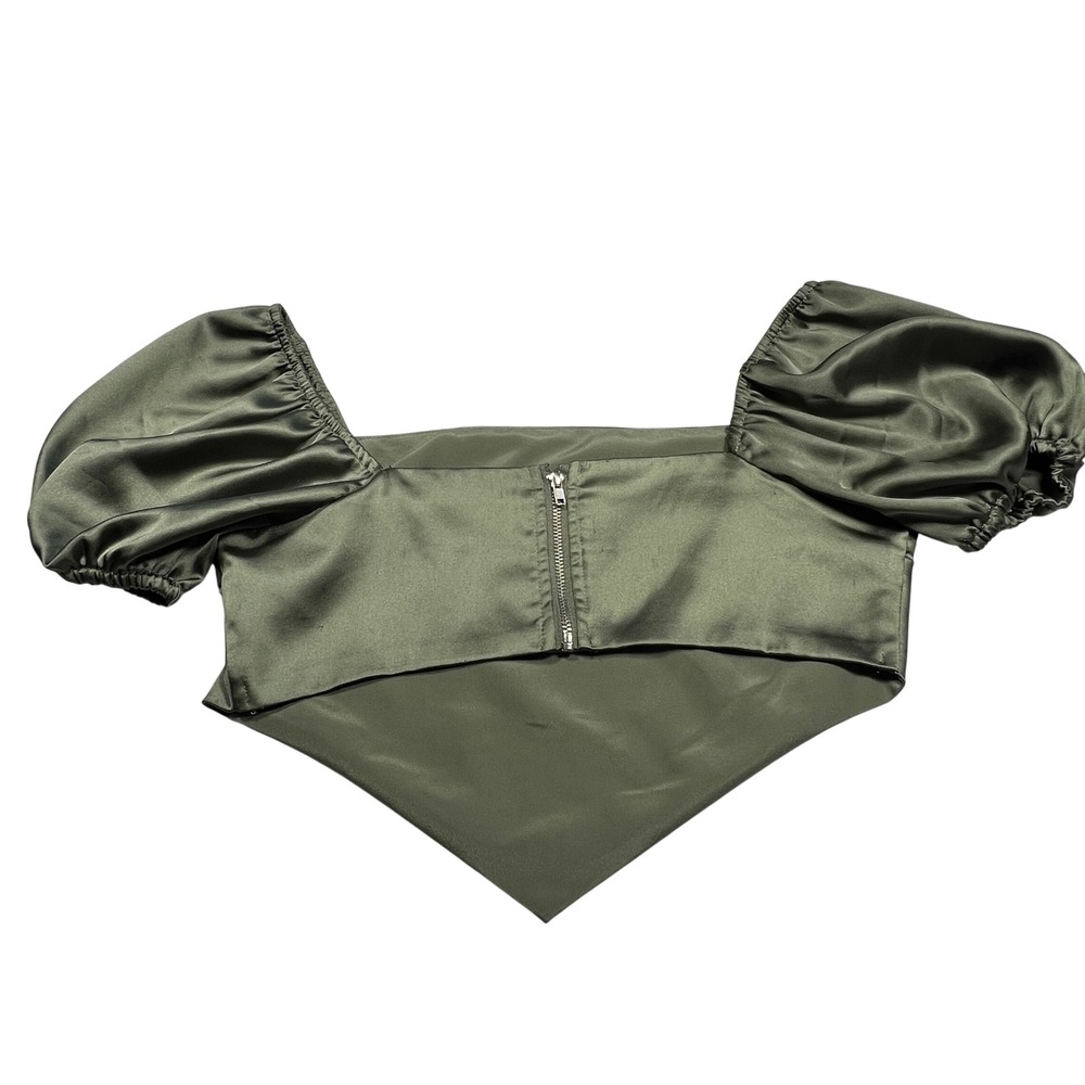 Forever 21 Crop Top Women Small Olive Green Satin Puff Sleeve Handkerchief Hem - Picture 3 of 8